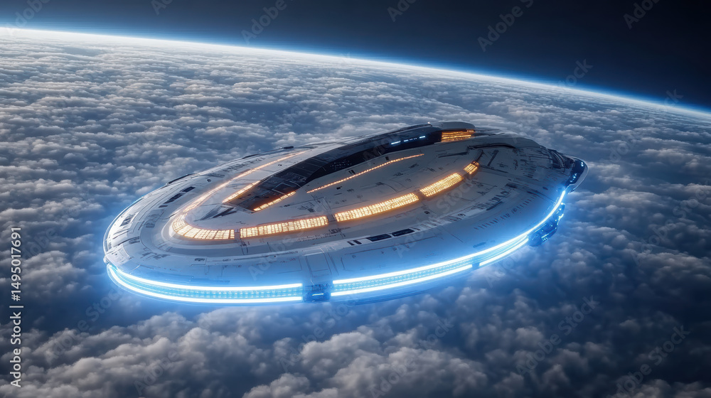 Poster futuristic spaceship hovering above clouds with glowing lights and sleek design