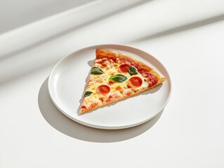 A single pizza slice placed neatly on a white ceramic plate on a white tabletop, isolated with no other objects in frame.