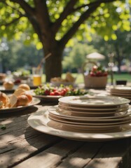 Naklejka premium Outdoor dining setup with stacked plates and fresh food under a tree