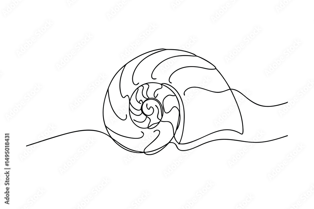 Poster continuous one-line drawing nautilis shell summer ocean