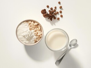 A top-down shot of a clear glass filled with milk, placed next to a bowl of cereal with milk poured on top. 