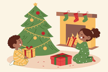 Fototapeta premium Kids opening Christmas gifts vector cartoon illustration
