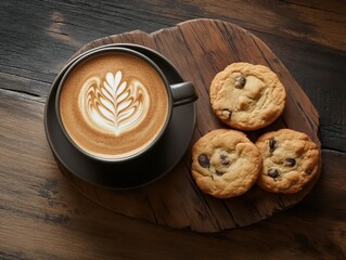 A top-down shot of a beautifully crafted cup of latte with intricate latte art, placed next to a few freshly baked cookies.