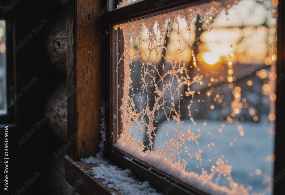 Poster snow-covered window with frost patterns and a beautiful sunset view