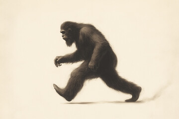 Artistic Illustration of Bigfoot Walking in Motion on Neutral Background