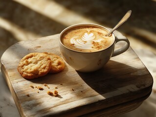 An action shot of a spoon gently stirring the latte, creating subtle ripples in the art. 