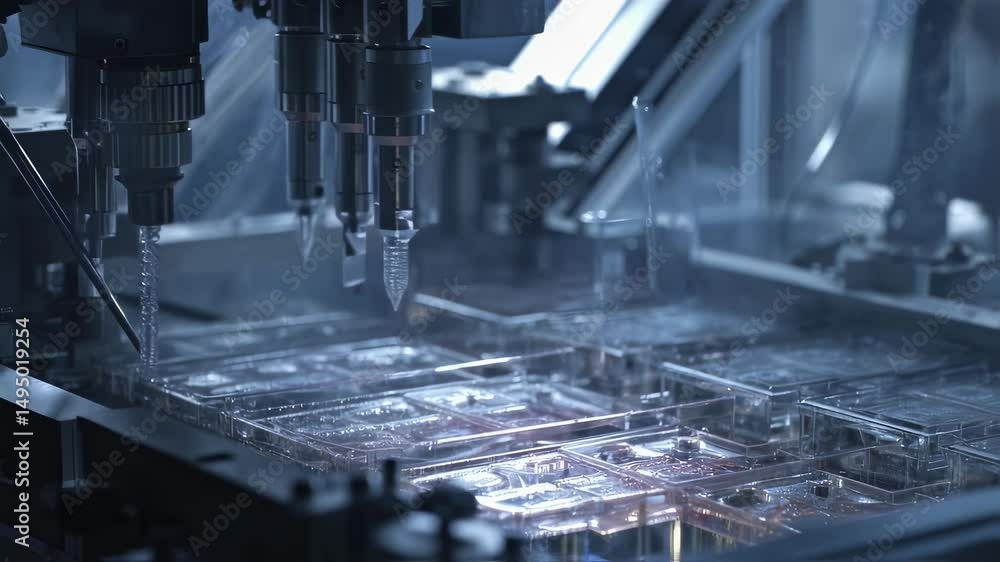 Poster automated machinery precisely injects fluids into multiple trays on a production line, showcasing ad