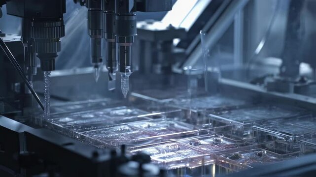 Automated machinery precisely injects fluids into multiple trays on a production line, showcasing advanced manufacturing technology in action