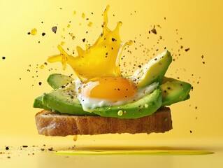 An action shot of the egg yolk being pierced and running over the avocado toast, or cracked pepper being sprinkled from above.