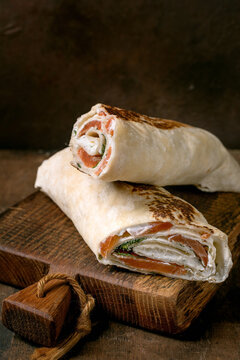 Salmon Lavash Wrap On Wooden Board