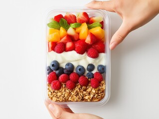Fruit & Yogurt Parfait A high-speed studio shot of hands placing a layer of fresh fruit, such as berries and granola, into a lunchbox, followed by a layer of creamy yogurt.