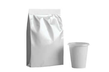 Blank white food packaging.  A pouch and a cup