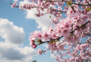 Beautiful cherry blossom branches against a bright blue sky