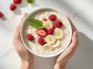 A bright lifestyle studio photo of a person holding a white ceramic bowl filled with creamy oatmeal, topped with fresh banana slices, strawberries, raspberries, and a mint leaf. 