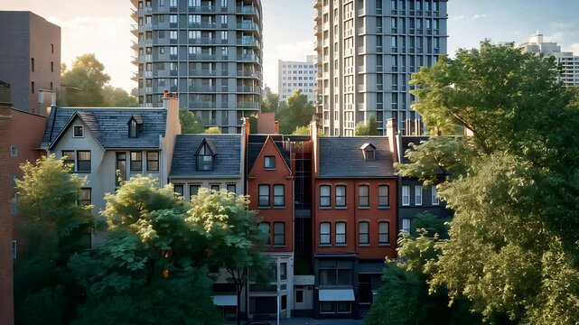 Classic Residential Row Houses Framed by Lush Trees with High Rise Towers in Background