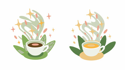 Two cups of coffee with steam and stars, surrounded by green leaves and placed on saucers in a cozy style