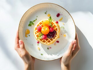 A bright studio photo of a person gently holding a plate of waffles with fruit and jam topping.