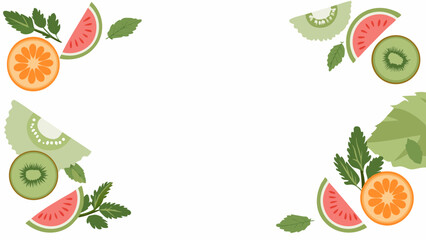 Illustration of fruit slices including watermelon, orange, and kiwi arranged on a white background image
