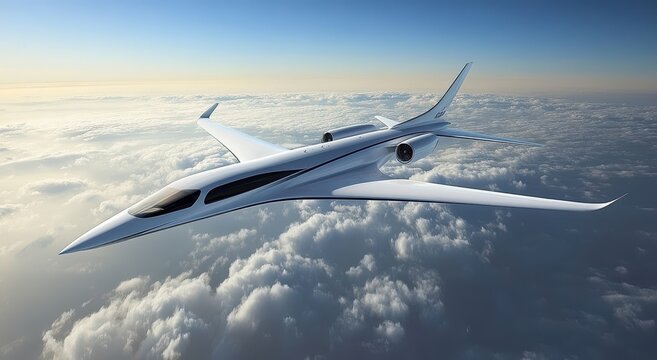 Futuristic jet plane soars above fluffy clouds
