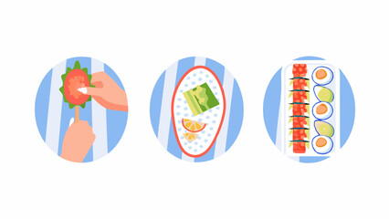 Three circular illustrations depicting food preparation and presentation on a striped background design