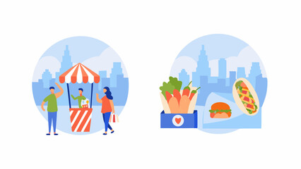 Illustration showing a food vendor with customers and a selection of fast food against a city skyline