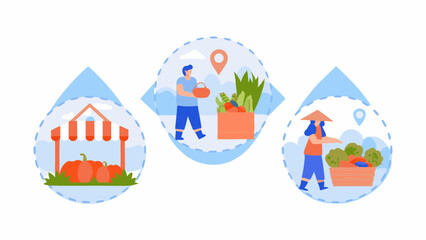 Obraz premium Illustration showing three different scenes of farmers and their produce in a stylized market setting