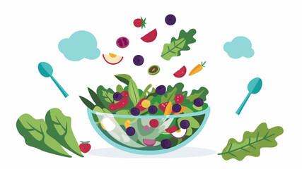 Illustration of a glass bowl filled with a colorful salad with fruits and vegetables and two spoons around it