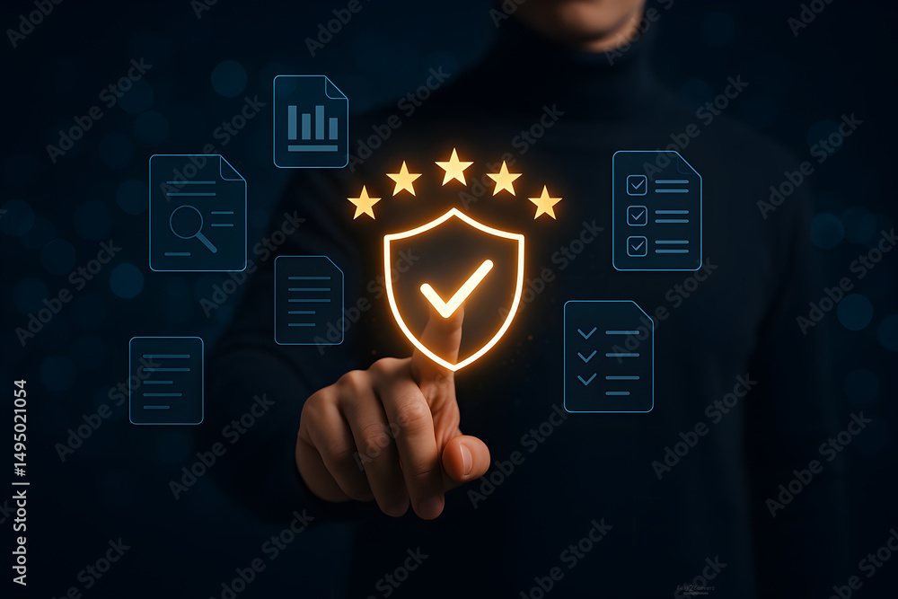 Poster quality assurance and certification compliance concept. woman touching standard quality control cert