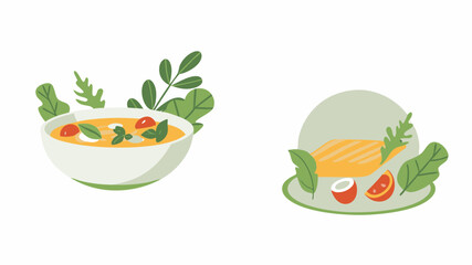 Illustration showing a bowl of soup with tomatoes and herbs and a plate with grilled cheese and fruits