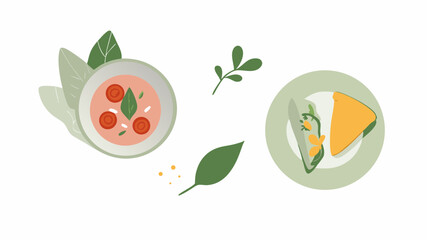 Illustration showing a bowl of soup with tomatoes and basil next to a slice of pie on a plate