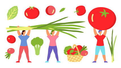 Illustration of people holding various vegetables including tomatoes, scallions, broccoli, and radishes