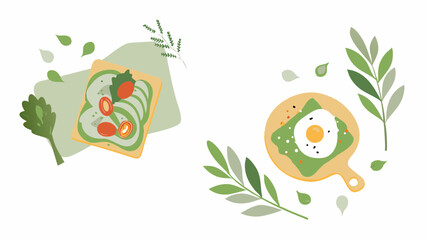 Illustration of two toasts with avocado and toppings surrounded by green leaves and herbs decoratively