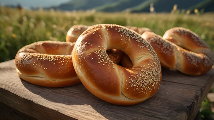 Homemade sesame bagels with golden crust on rustic background. Traditional country-style baking, farmhouse kitchen vibe, cozy rural food scene.
