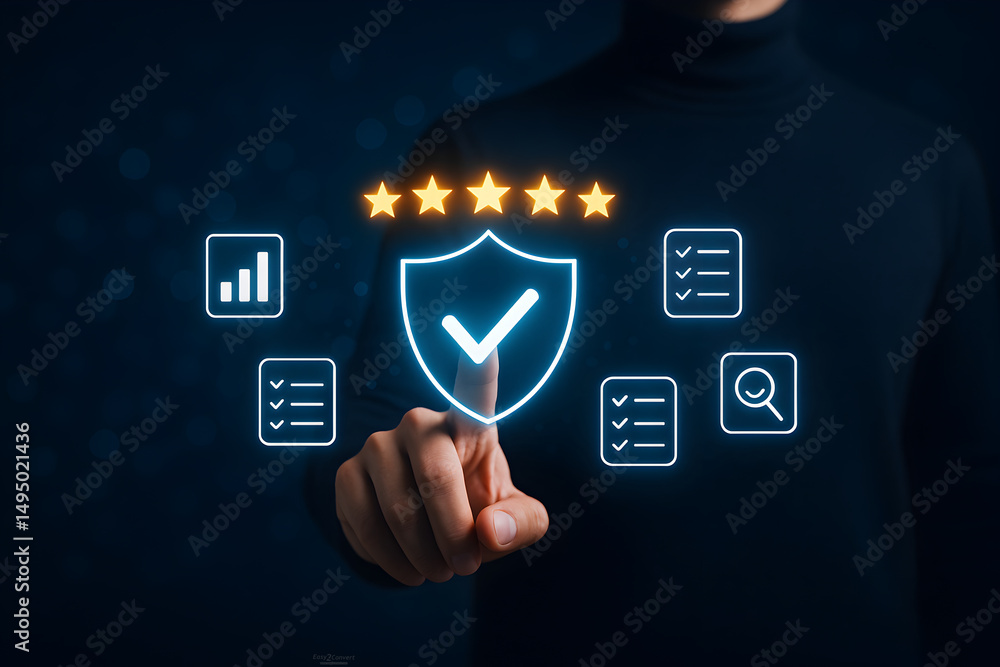 Poster quality assurance and certification compliance concept. woman touching standard quality control cert