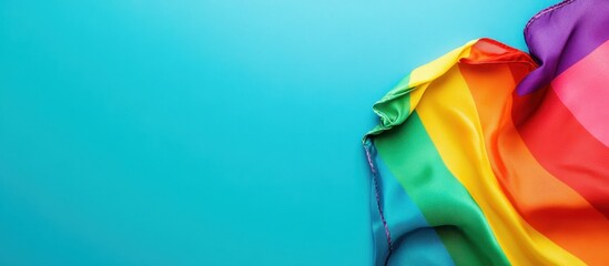 Rainbow pride flag draped on a vibrant teal background