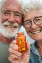 Close up of over-the-counter supplement bottle filled with gel capsules. Blurred background of a smiling elderly couple.