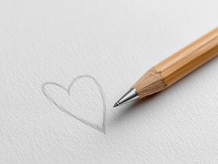 Close-up of the tip of a pencil resting on a sheet of paper where a heart is drawn.