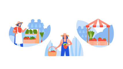 Illustration of farmers selling fresh produce at market stalls with vegetables and fruits displayed nicely