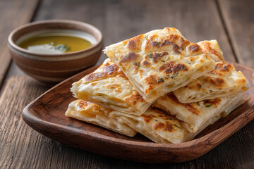 Artisanal moroccan msemen with khlii folded in square shapes, stacked slightly offset on a rustic wooden plate. At side of herbed olive oil in a traditional ceramic bowl.