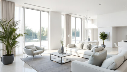 Sleek, bright contemporary loft-style home, photo. isolated with white highlights