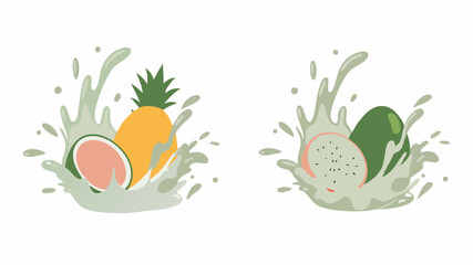 Illustration showing pineapple and watermelon with splash next to dragon fruit and avocado with splash