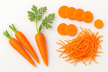 Fresh Carrots Whole, Sliced, and Shredded on White Surface