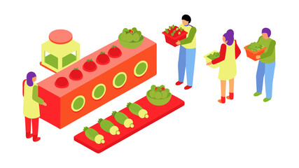 Isometric view of workers processing vegetables on a conveyor belt in a food production facility