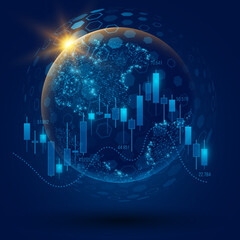 Futuristic Earth globe with investment financial data and sunlight effect. World economics background. Stock market trading graph. Business technology concept. Vector illustration