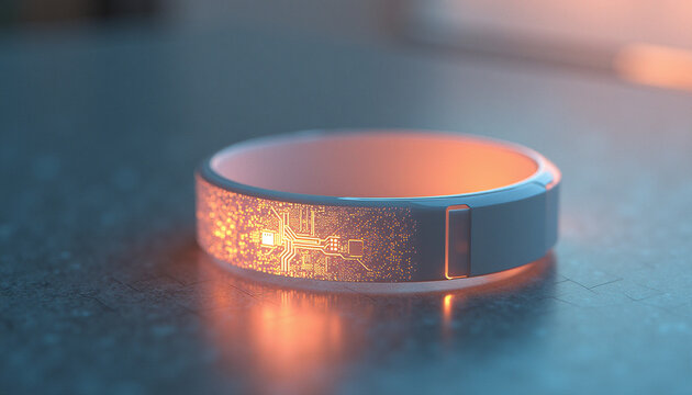 A sleek smart ring sits on a dark platform, radiating a halo of tiny sparkling particles under dramatic lighting.