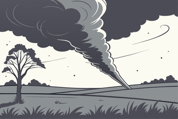 Dark sky with swirling tornado clouds above fire vector illustration