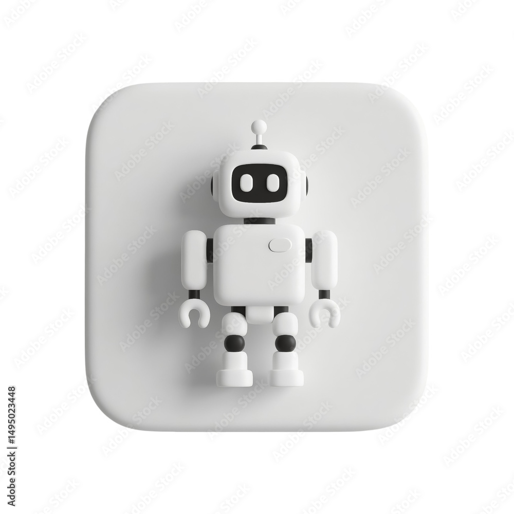 Poster cute white robot icon on square button 3d render