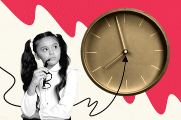 3D collage design composite trend artwork sketch of young girl minded think hold eyewear clock time fall lesson classroom school autumn