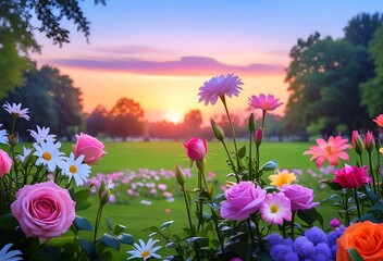 Obraz premium An Abundance of Nature's Hues: Stunning Roses and a Myriad of Bright Flowers Flourishing in a Picturesque Garden Landscape.