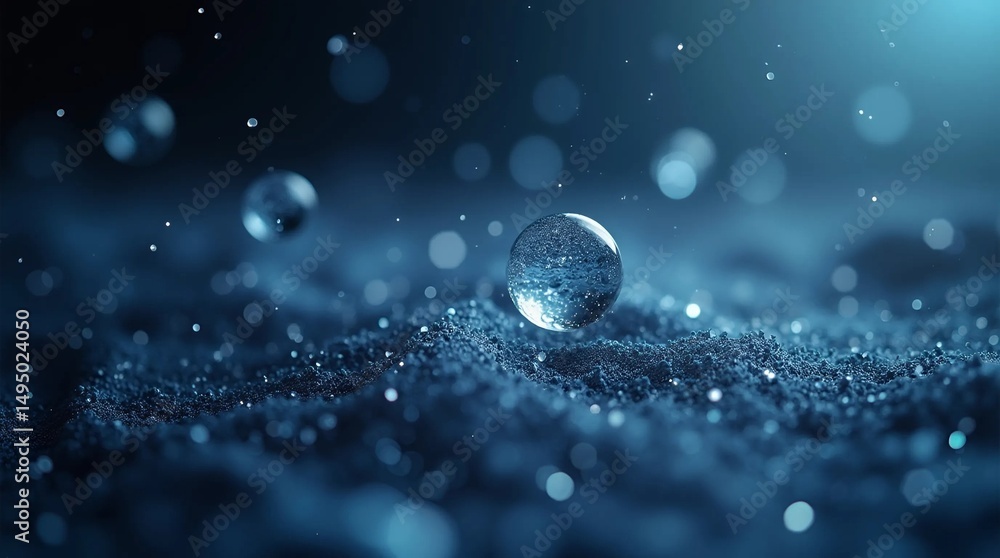 Poster shiny abstract particles floating over a textured surface. close up of glowing spheres with blurred 